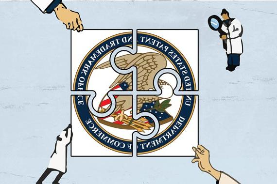 US patent office logo broken into puzzle pieces with scientists at each corner